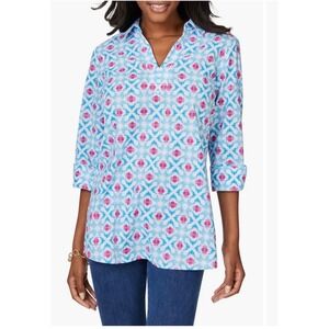 Foxcroft Cora 34 Island Ikat Tunic Shirt Top Blue Pink White Size 8